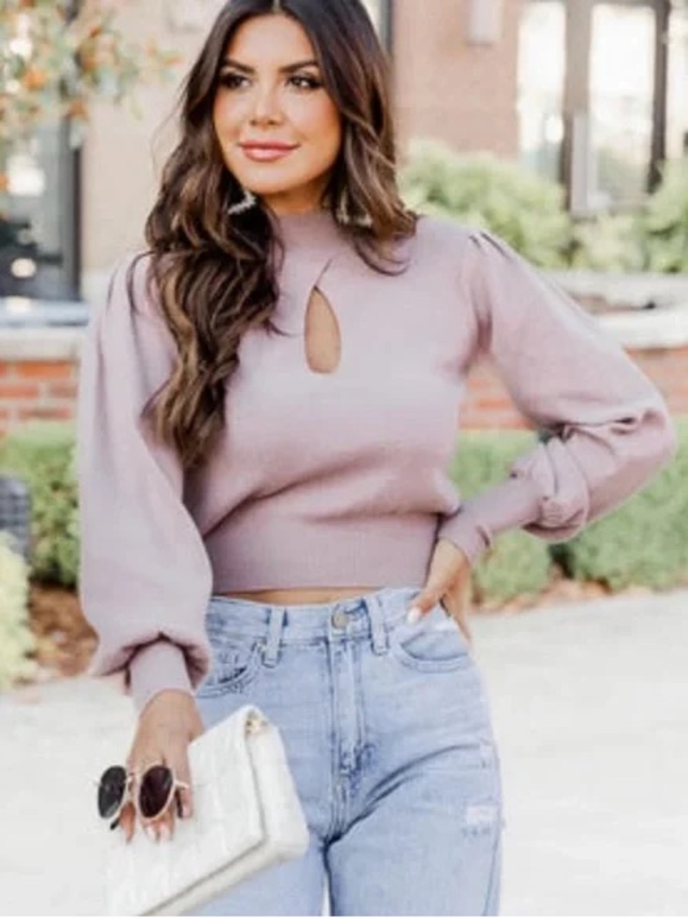 Pink Lily Mauve Keyhole Mock Neck Pullover